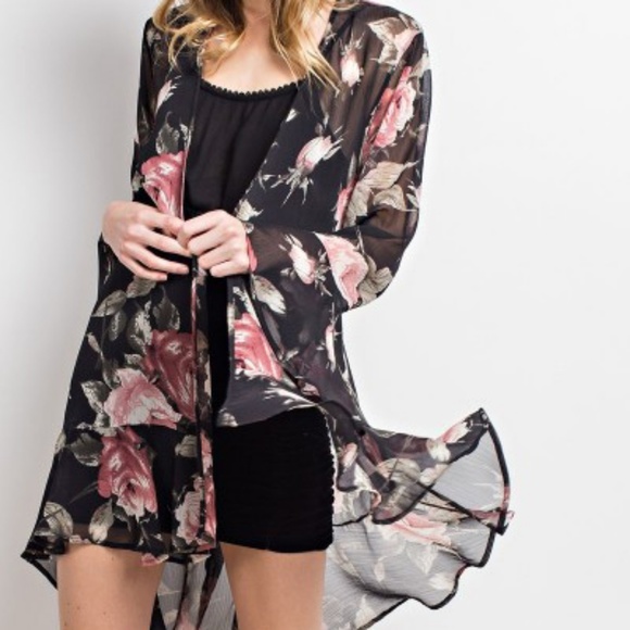 Easel Boutique Ruffled Sheer Floral Summer Kimono - Picture 2 of 4